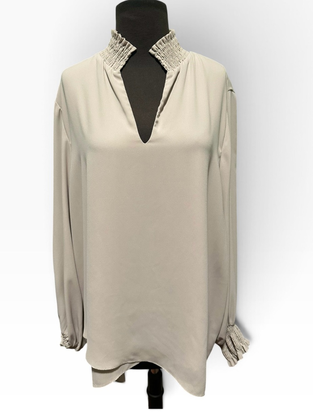 Karen Kane Cream Smocked-Neck Long Sleeve Blouse